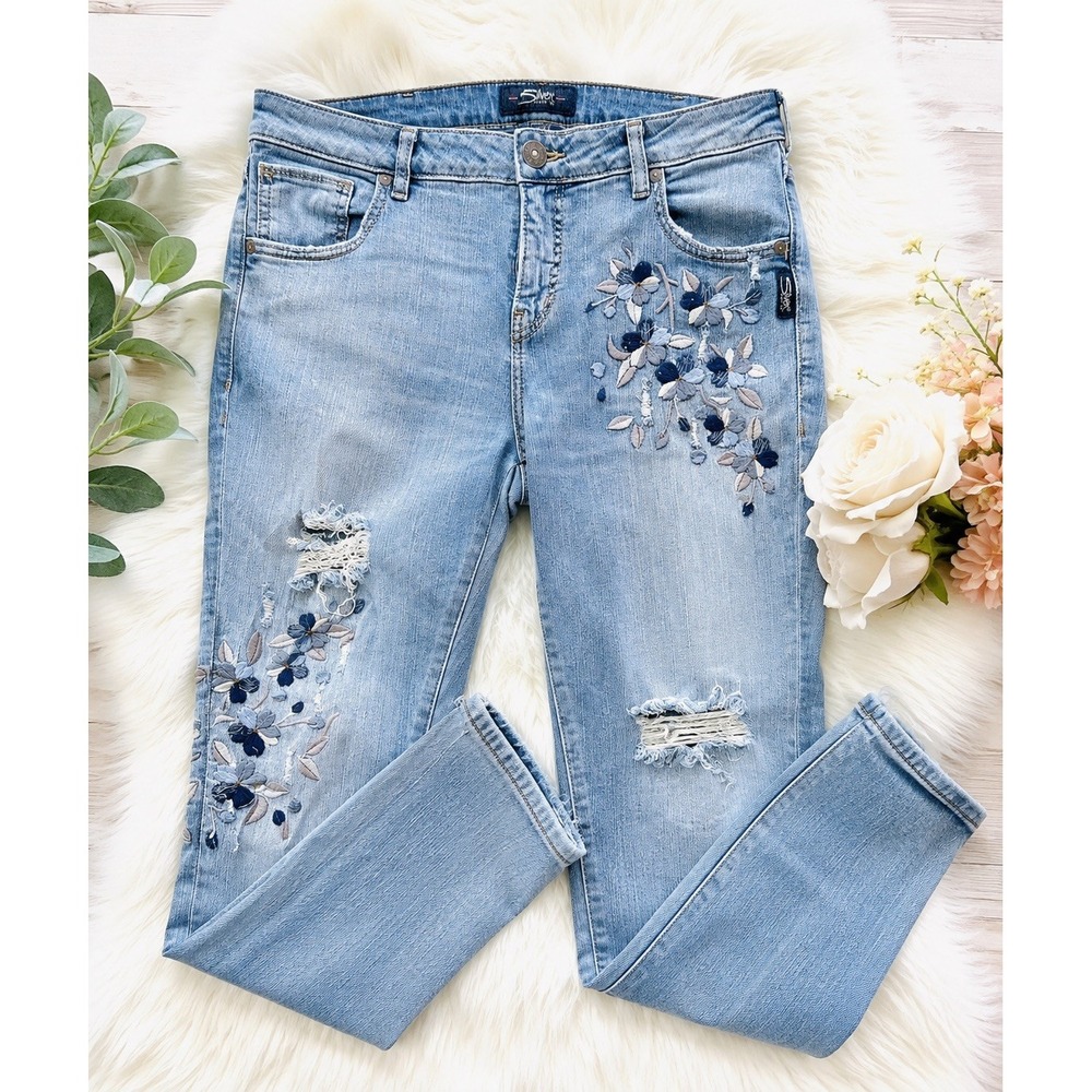 Silver Jeans Co Izzy Ankle Skinny Jeans W31 L27 Floral Embroidered Distressed